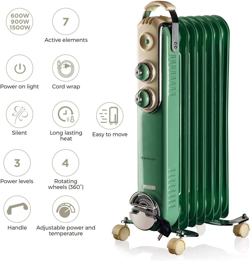 Ariete, Vintage Oil Radiator with 7 Heating Elements, Green
