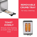 Black+Decker, 2-Slice, 1050W, Stainless Steel, Dual-Side Heating, 6 Browning Levels, Defrost, Reheat, Cancel Functions, Wide 36mm Slots, Removable Crumb Tray, Sleek Design