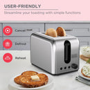 Black+Decker, 2-Slice, 1050W, Stainless Steel, Dual-Side Heating, 6 Browning Levels, Defrost, Reheat, Cancel Functions, Wide 36mm Slots, Removable Crumb Tray, Sleek Design