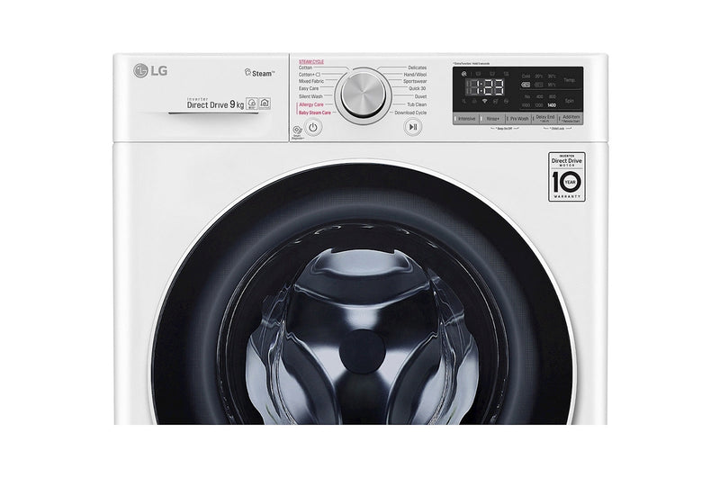 LG, Front Load Washer 9kg, AI Direct Drive Motor, Steam, White