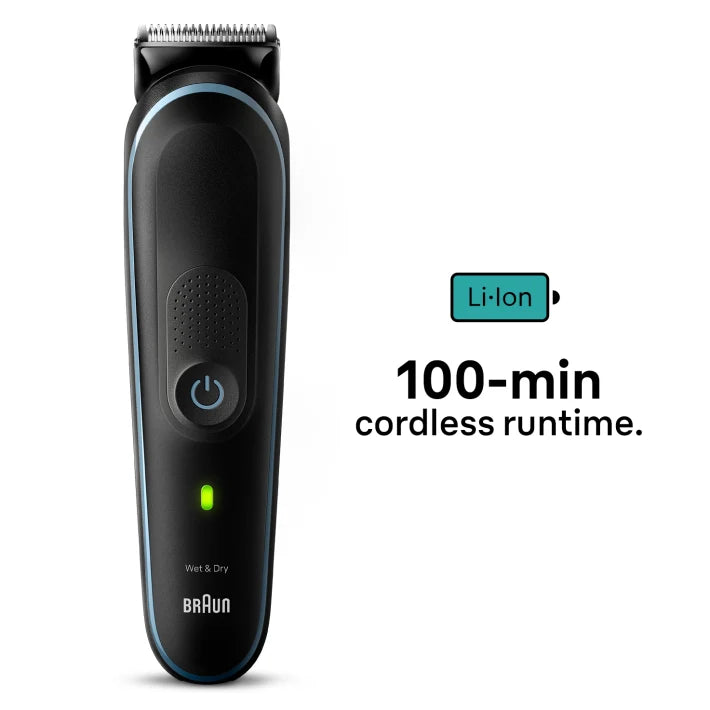 Braun’s 10-in-1 Style Kit for beard, hair, and body grooming cordless with 100 min runtime.