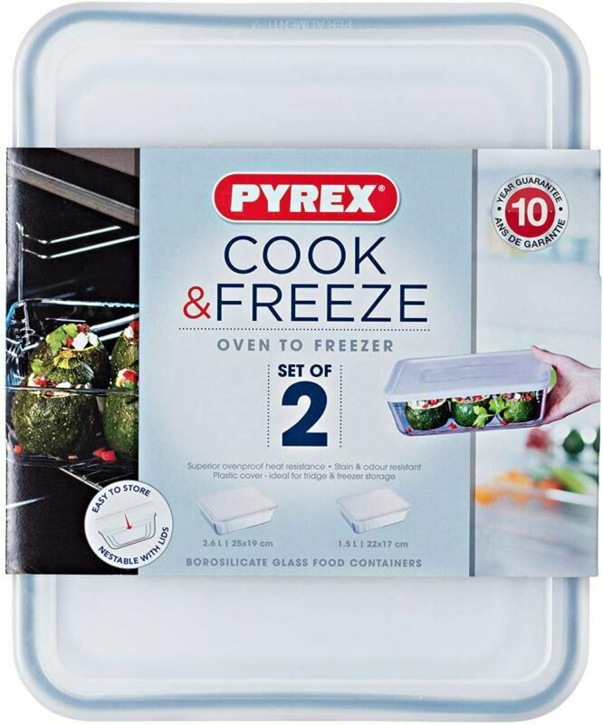 Pyrex, Rectangular Storage Glass Dish With Lid Set Of 2 Pieces 1.5 liter, 2.6 liter