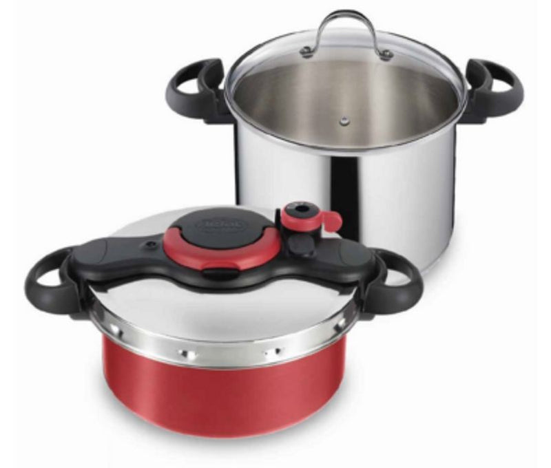 Tefal, 2 in 1 pressure cooker & stewpot – Easy 7.5L + Clipso Minut Duo 5l + Glass Cover